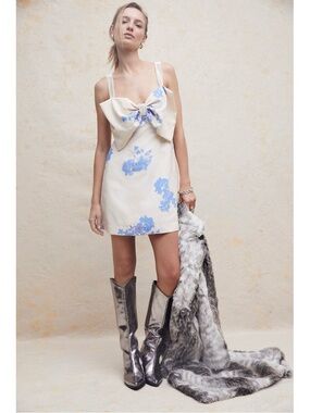 Free People Tie A Bow Mini Dress Blue & Ivory Sz Large NWT